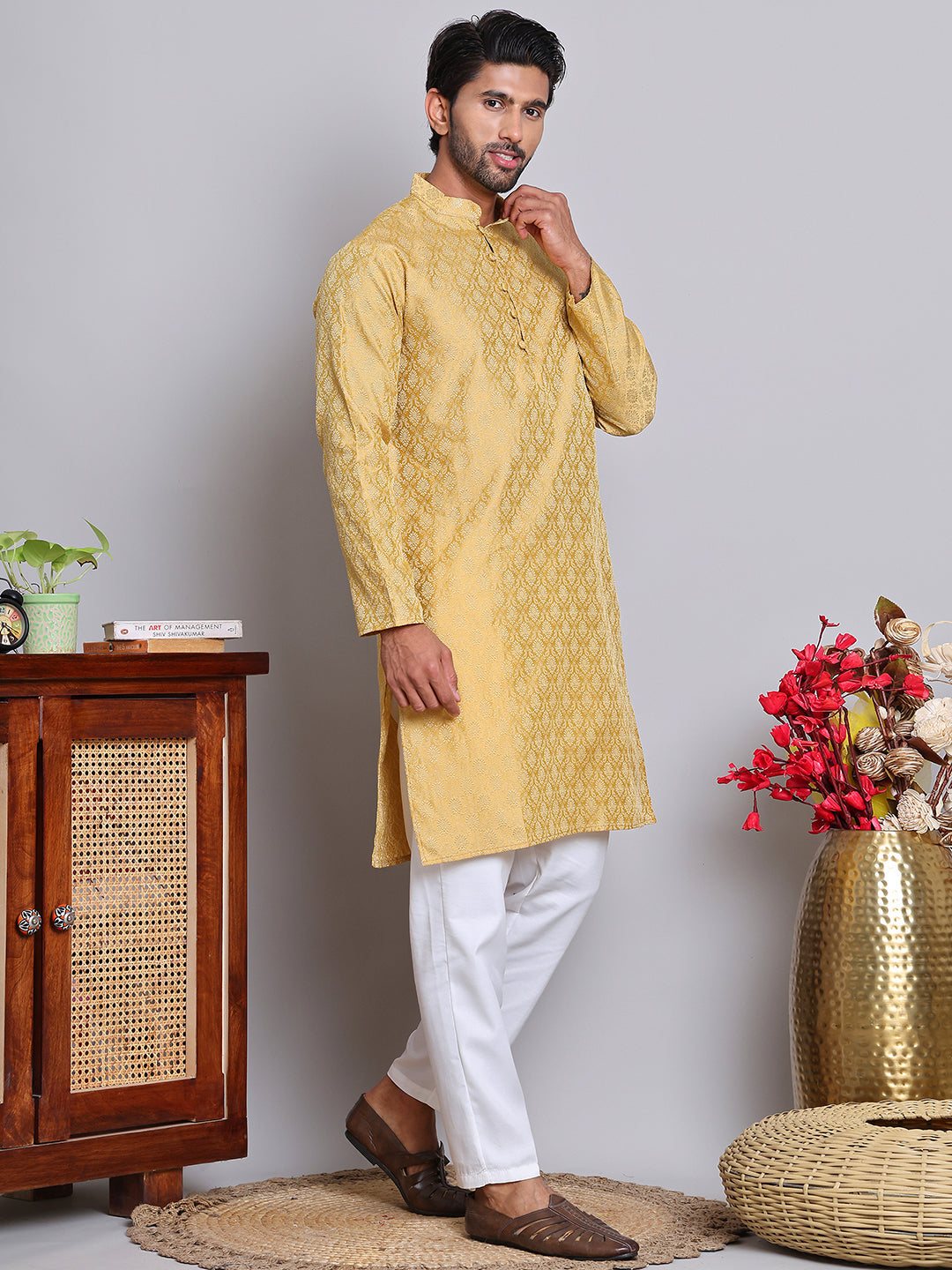 DesiQlo Men Woven Design Kurta Pyjama Set - Gold - NJOKP_P_568Golden_S