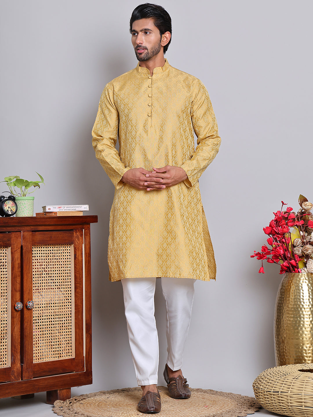 DesiQlo Men Woven Design Kurta Pyjama Set - Gold - NJOKP_P_568Golden_S