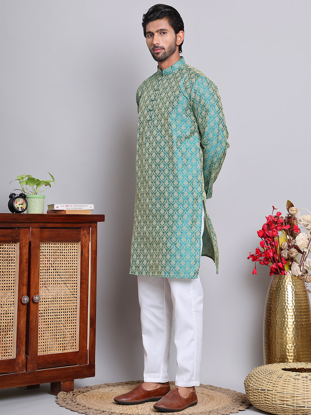 DesiQlo Men Woven Design Kurta Pyjama Set - Green - JOKP_P_568Green_S