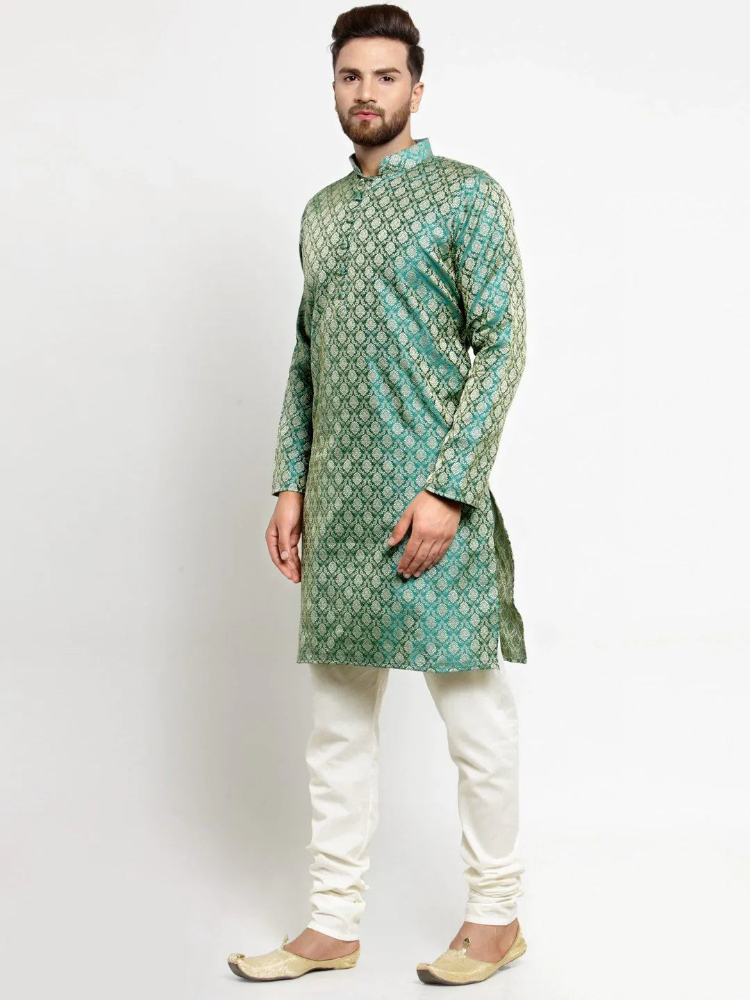 Green & Beige Cotton Kurta Pajama Set - Mens Kurta Pajama