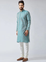 Men Green & Off-White Self Design Kurta with Churidar ( JOKP 569Green )-JOKP-569