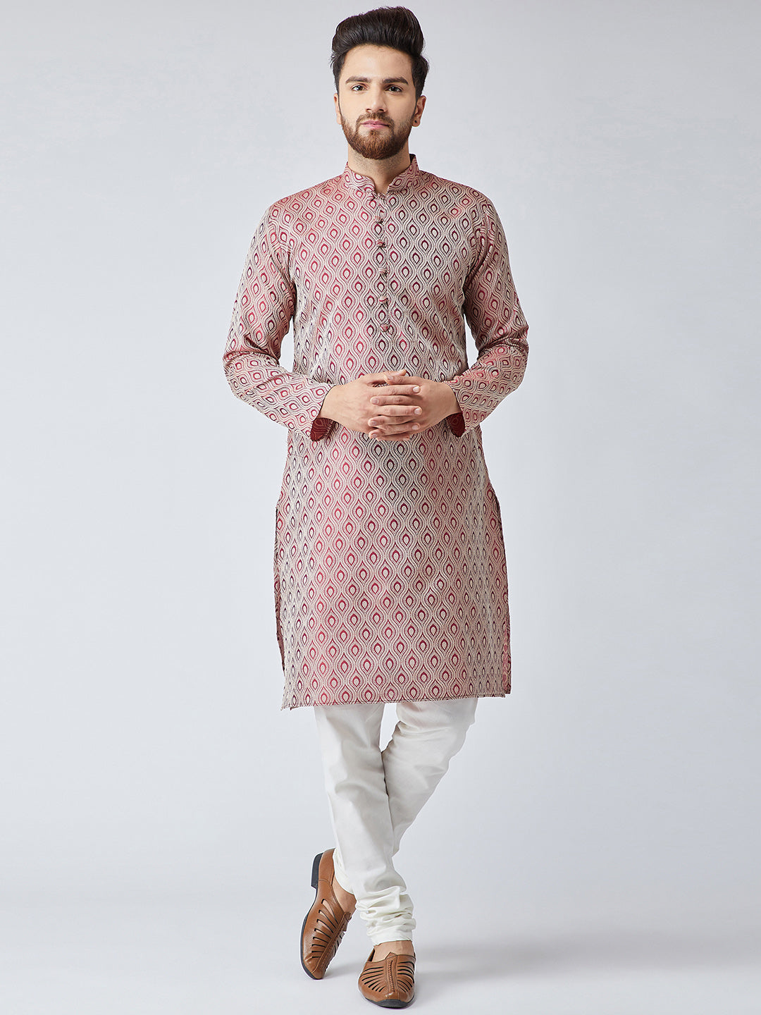 Men Maroon & Off-White Self Design Kurta with Churidar (JOKP 569 Maroon )