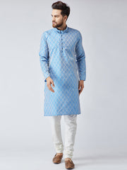 Men Sky Blue & Off-White Self Design Kurta with Churidar (JOKP 569 Sky )