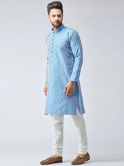 Men Sky Blue & Off-White Self Design Kurta with Churidar ( JOKP 569Sky )-JOKP-569