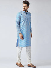 Men Sky Blue & Off-White Self Design Kurta Only ( KO 569Sky )-KO-569