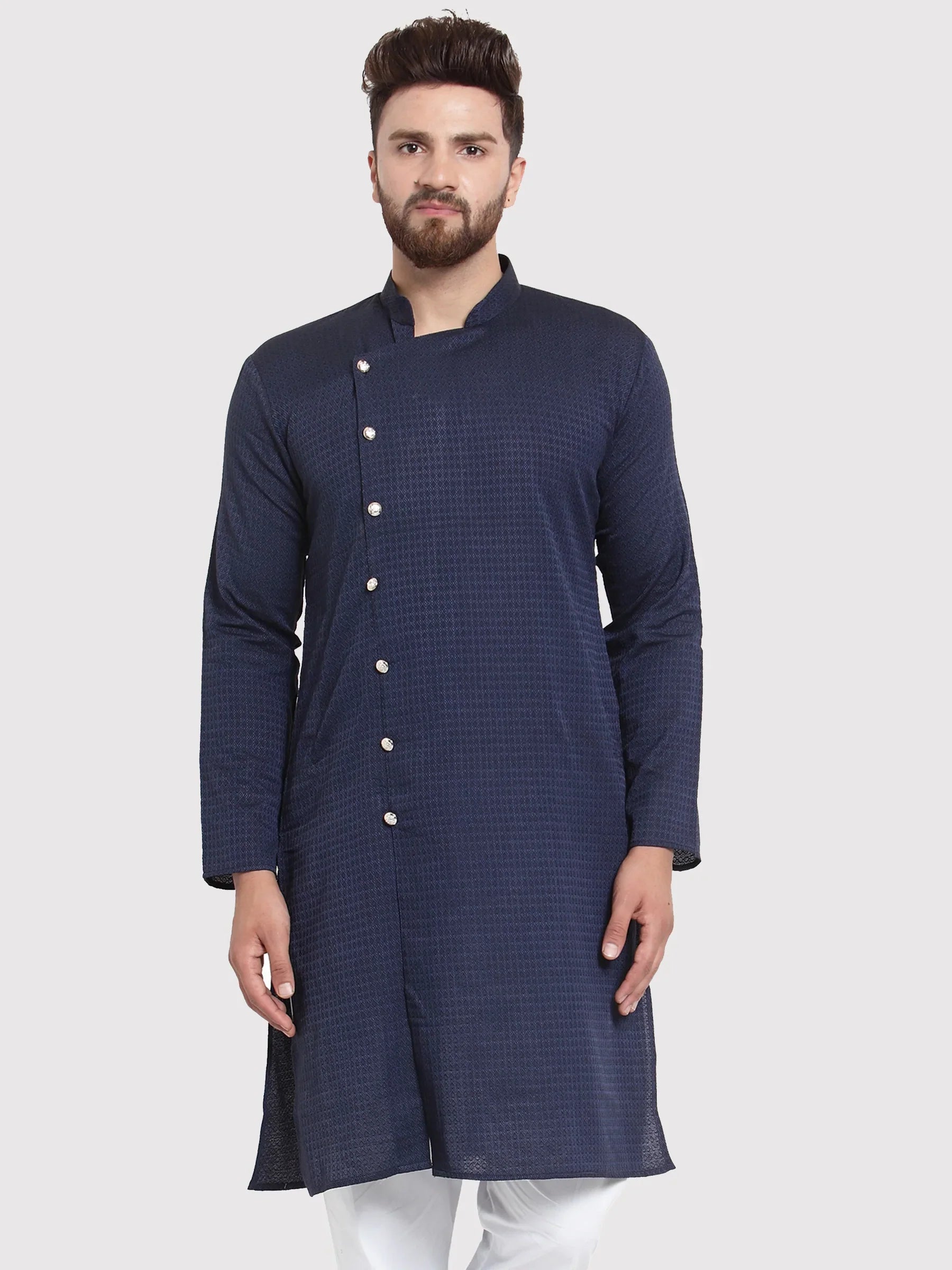 Navy Cotton Mens Kurta - Indian Kurta for Men, Short Kurta