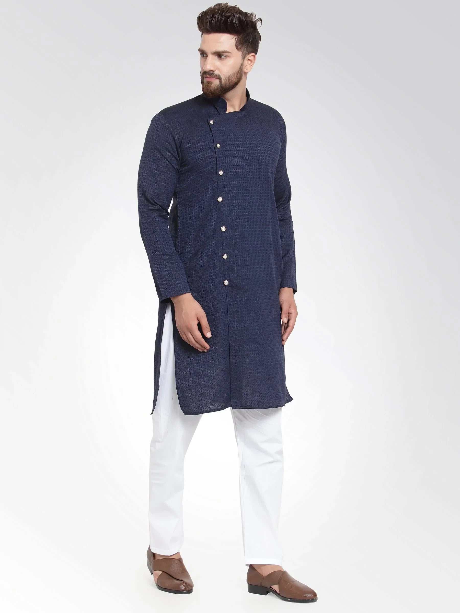 Navy Cotton Mens Kurta - Indian Kurta for Men, Short Kurta