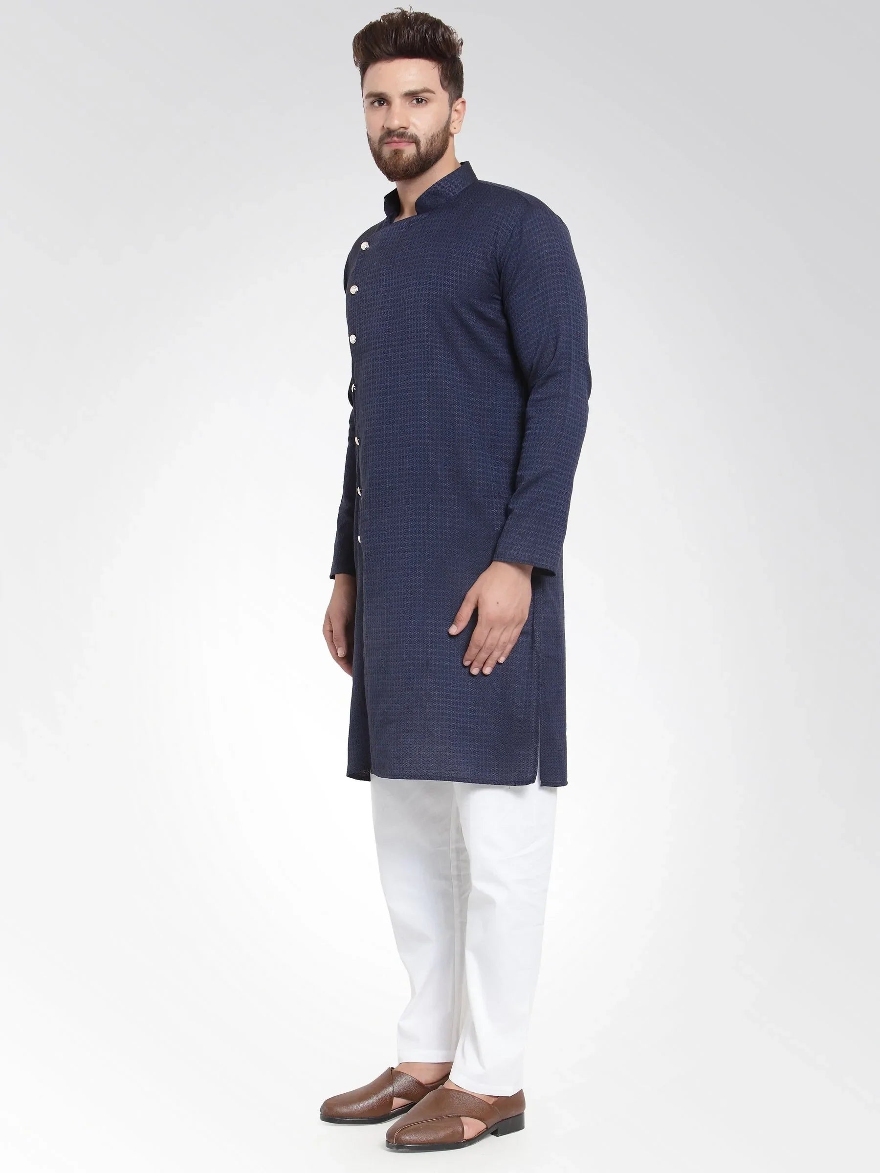 Navy Cotton Mens Kurta - Indian Kurta for Men, Short Kurta
