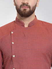Men Red Self Design Kurta with Pajama ( JOKP 572 Red )-JOKP-572