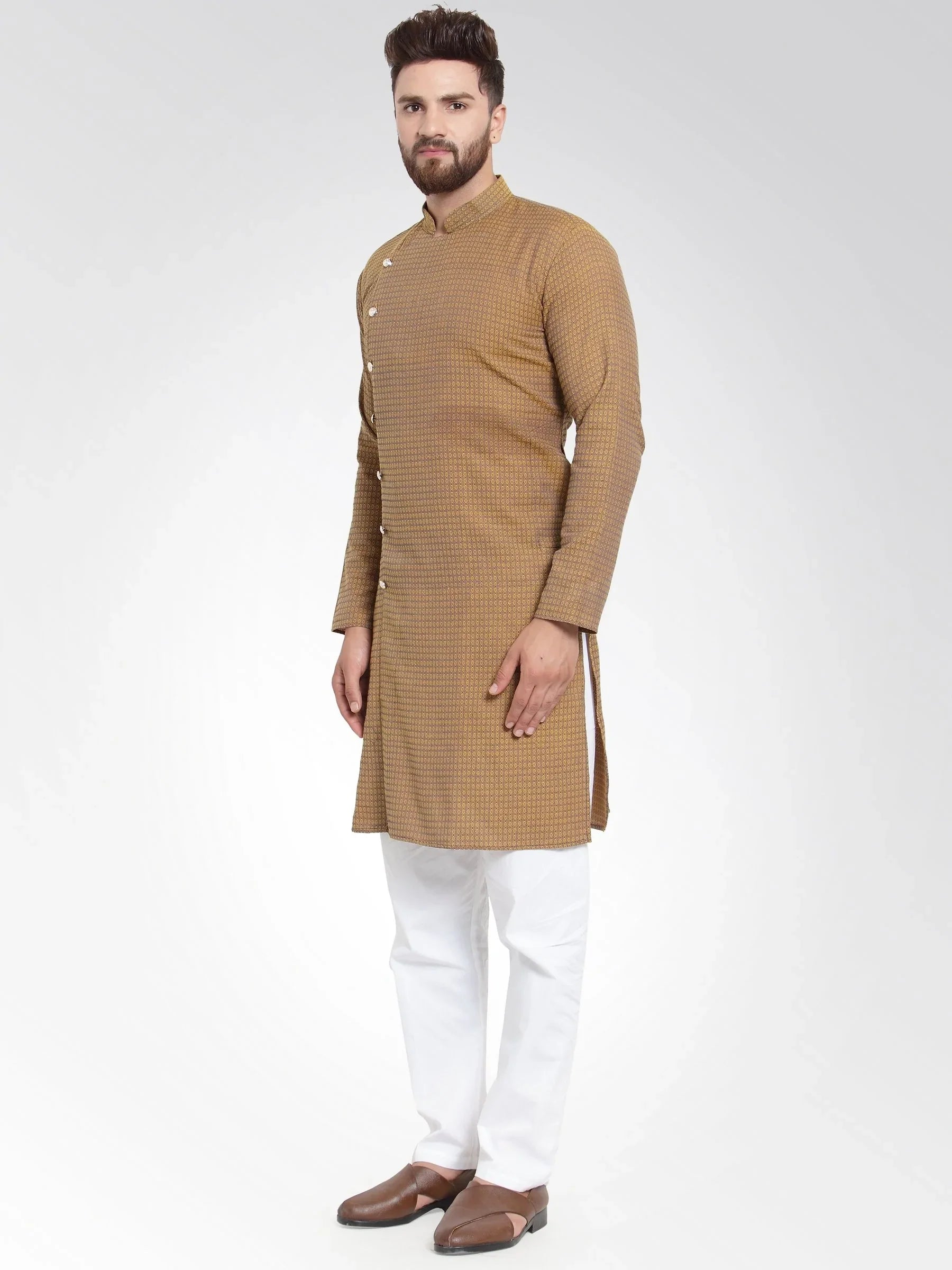 Yellow Cotton Mens Kurta - Indian Kurta for Men, Self Design