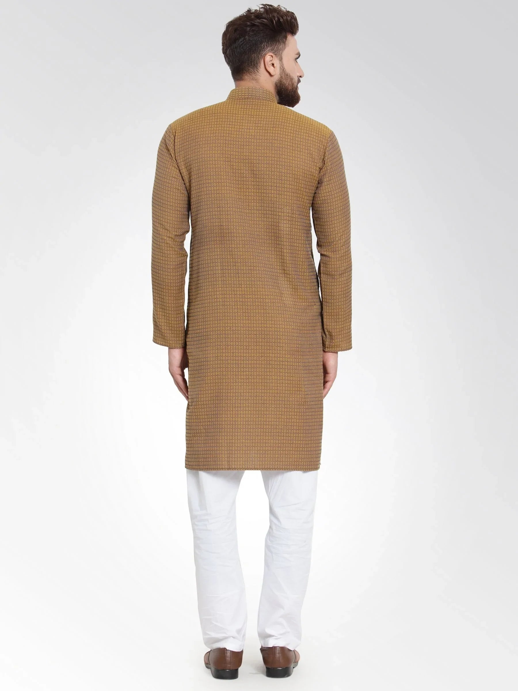 Yellow Cotton Mens Kurta - Indian Kurta for Men, Self Design