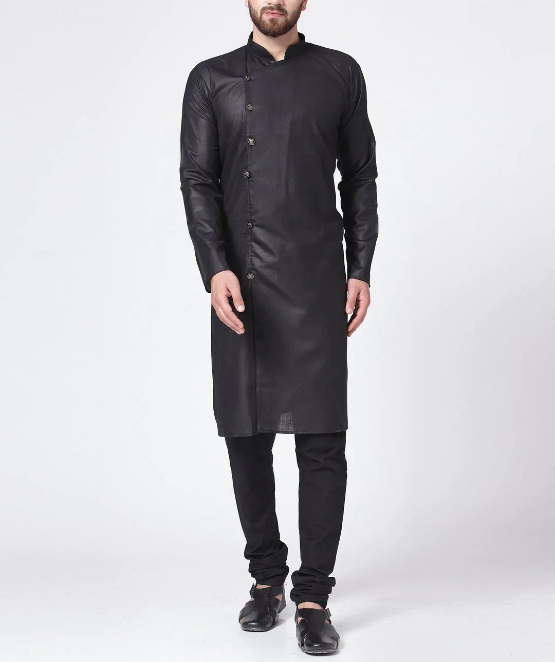 Black Cotton Mens Kurta Pajama Set - Solid Ethnic Wear