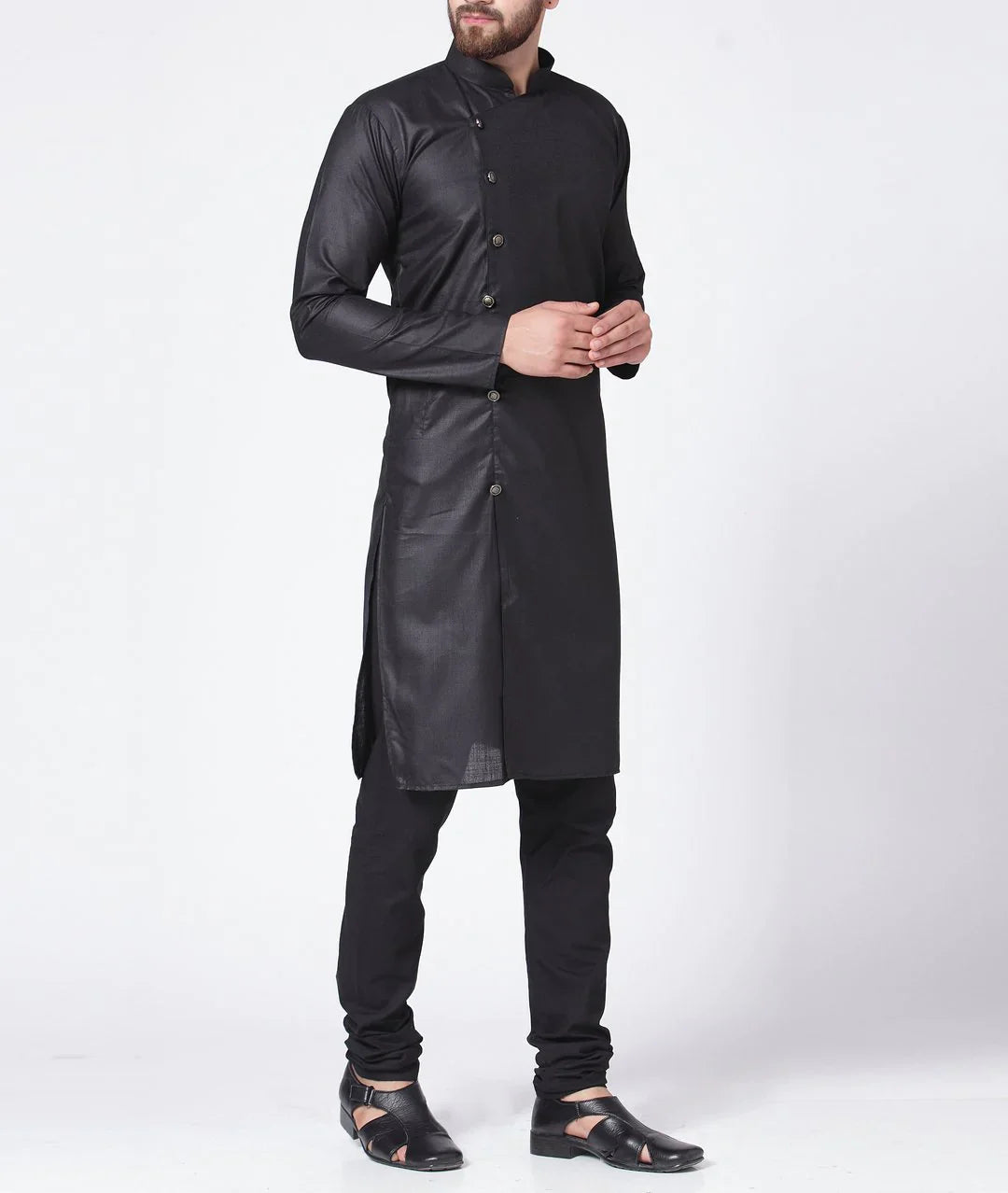 Black Cotton Mens Kurta Pajama Set - Solid Ethnic Wear