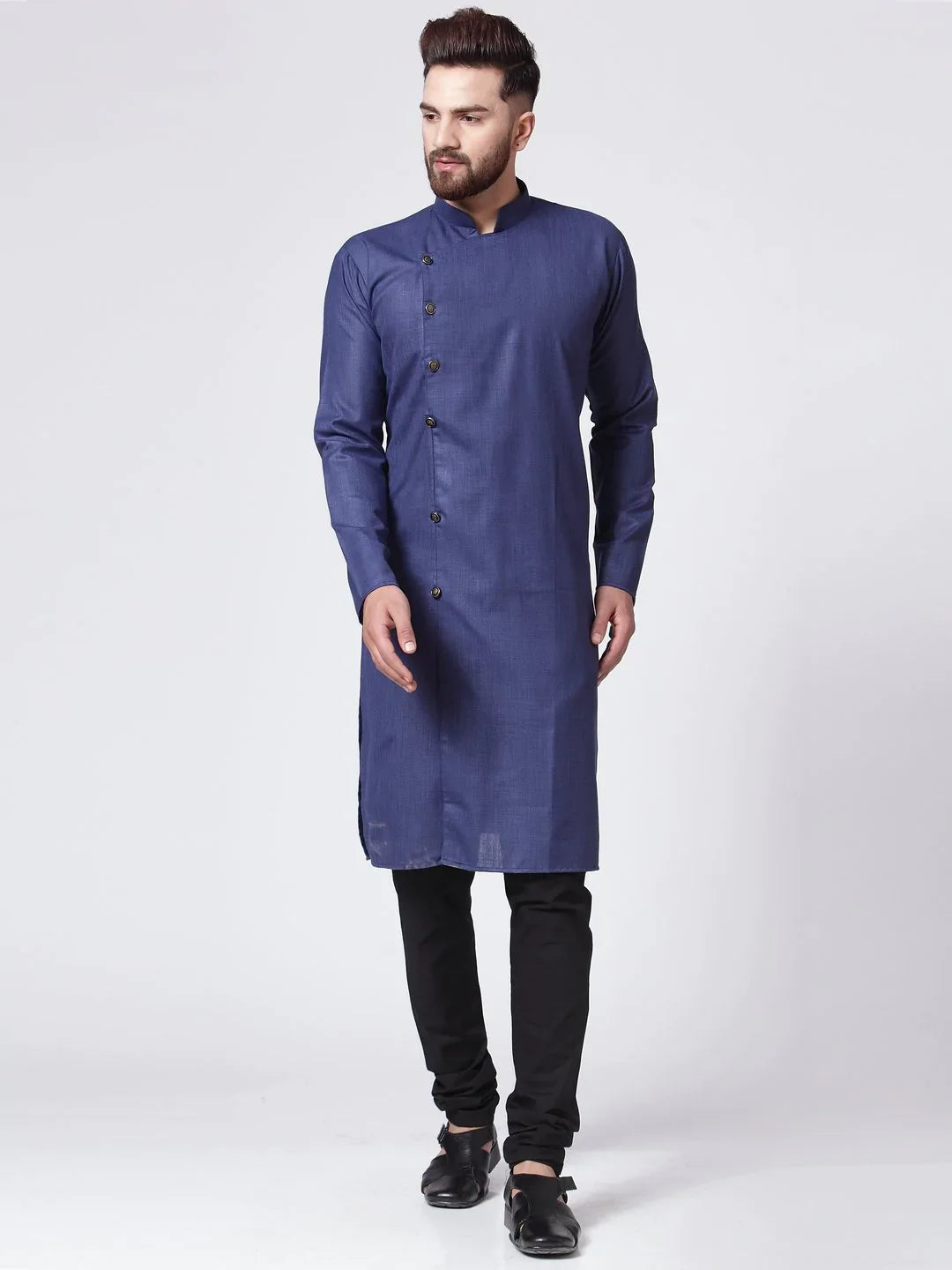 Navy Blue Cotton Mens Kurta Pajama Set - Solid Ethnic Wear