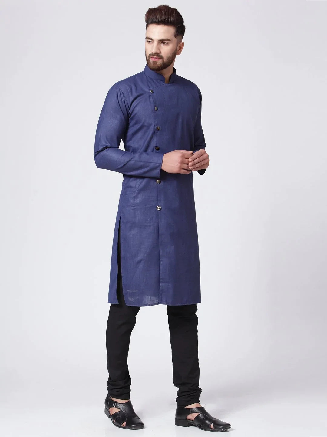 Navy Blue Cotton Mens Kurta Pajama Set - Solid Ethnic Wear