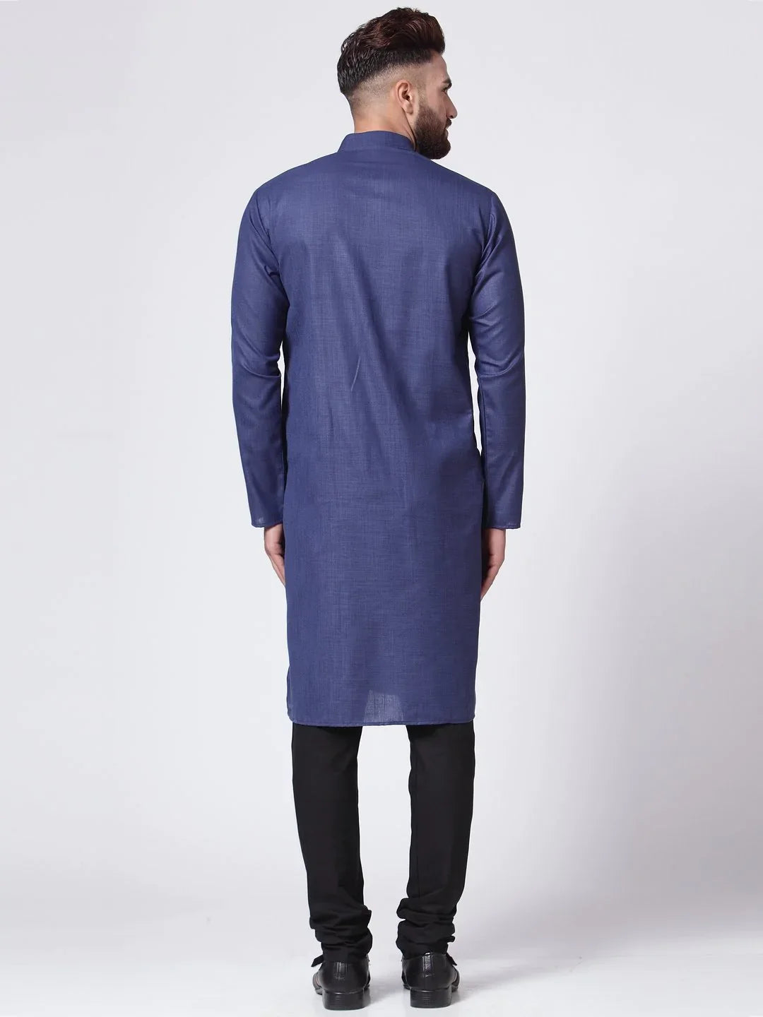 Navy Blue Cotton Mens Kurta Pajama Set - Solid Ethnic Wear