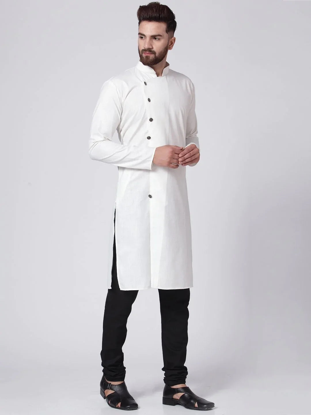 White Solid Cotton Mens Kurta Pajama Set - Ethnic Wear