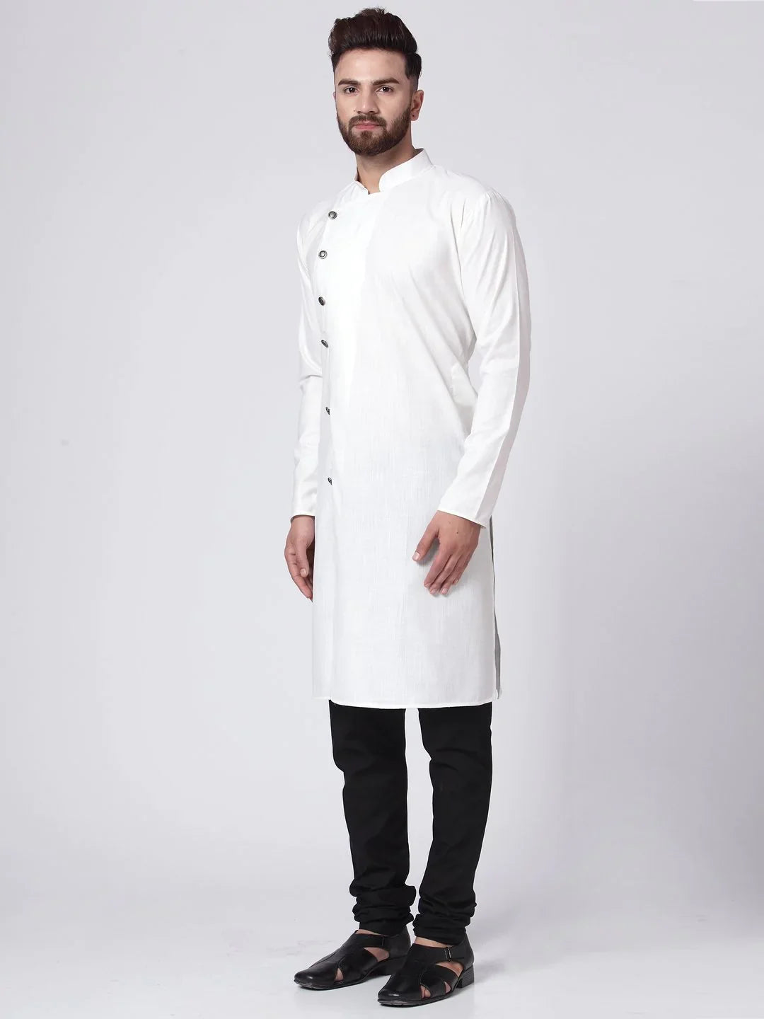 White Solid Cotton Mens Kurta Pajama Set - Ethnic Wear