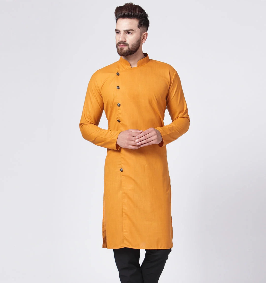 Men's Yellow Indian Kurta | Solid Cotton Blend Mens Kurta