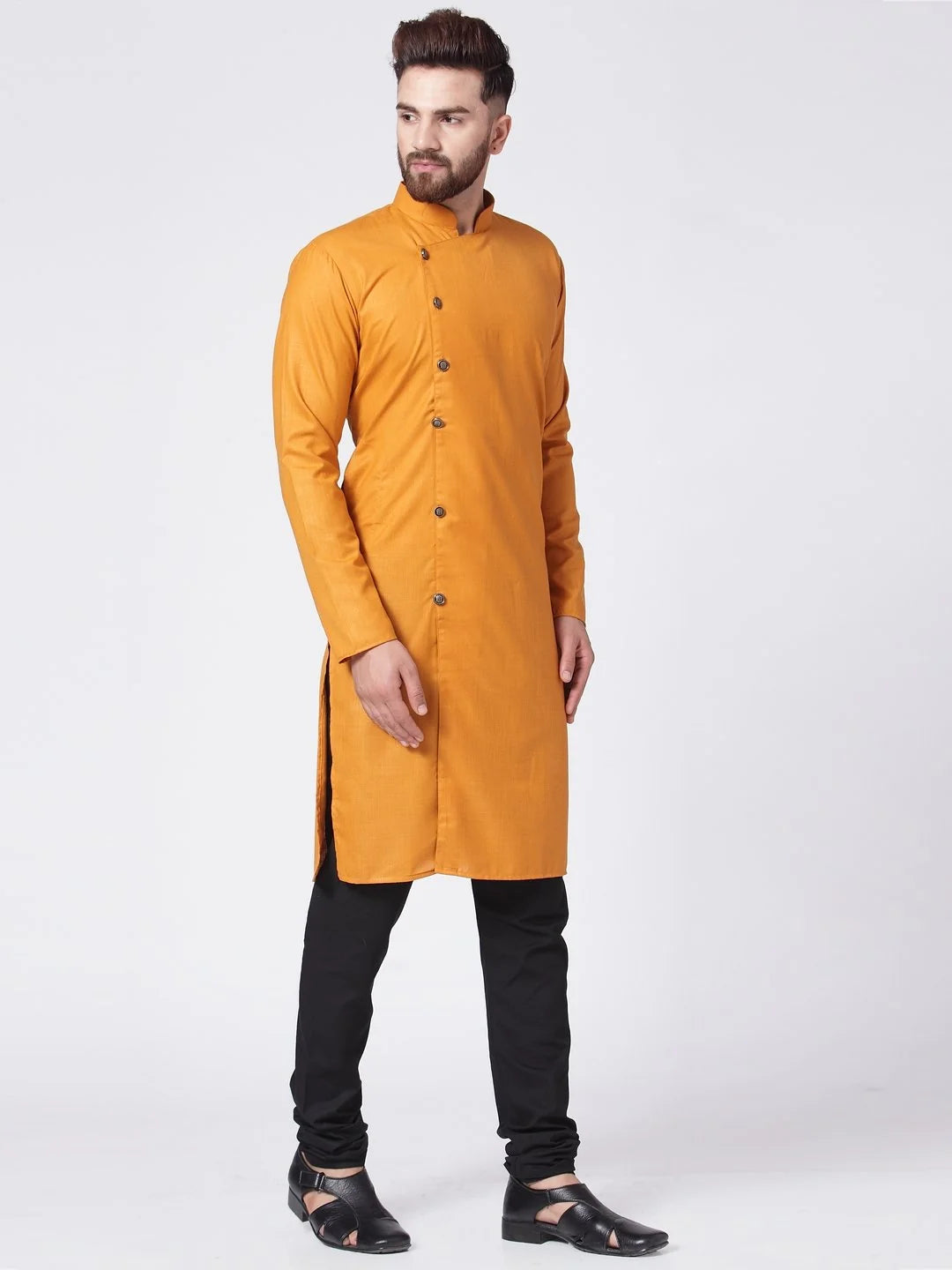 Men's Yellow Indian Kurta | Solid Cotton Blend Mens Kurta