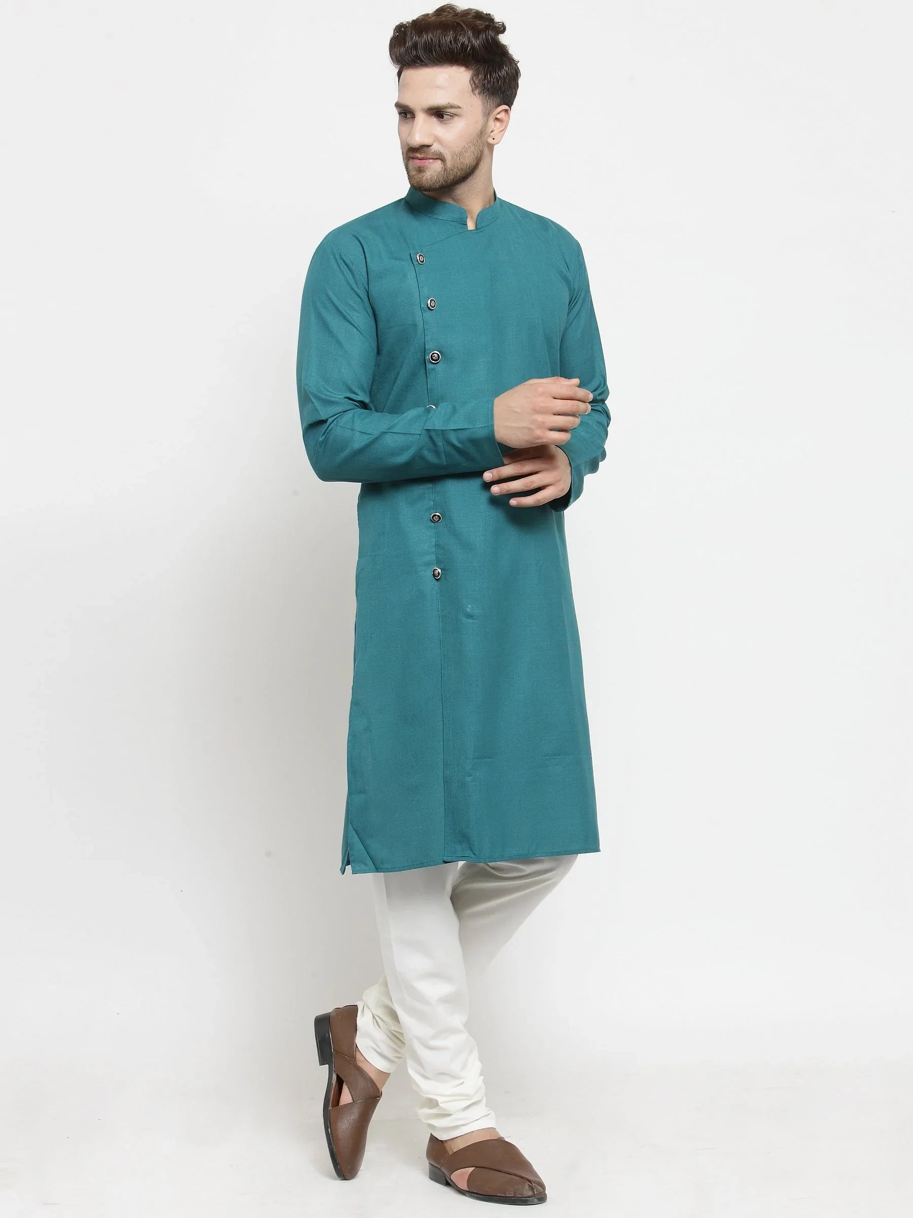 Green Mens Kurta - Stylish Indian Kurta for Men, Solid Cotton