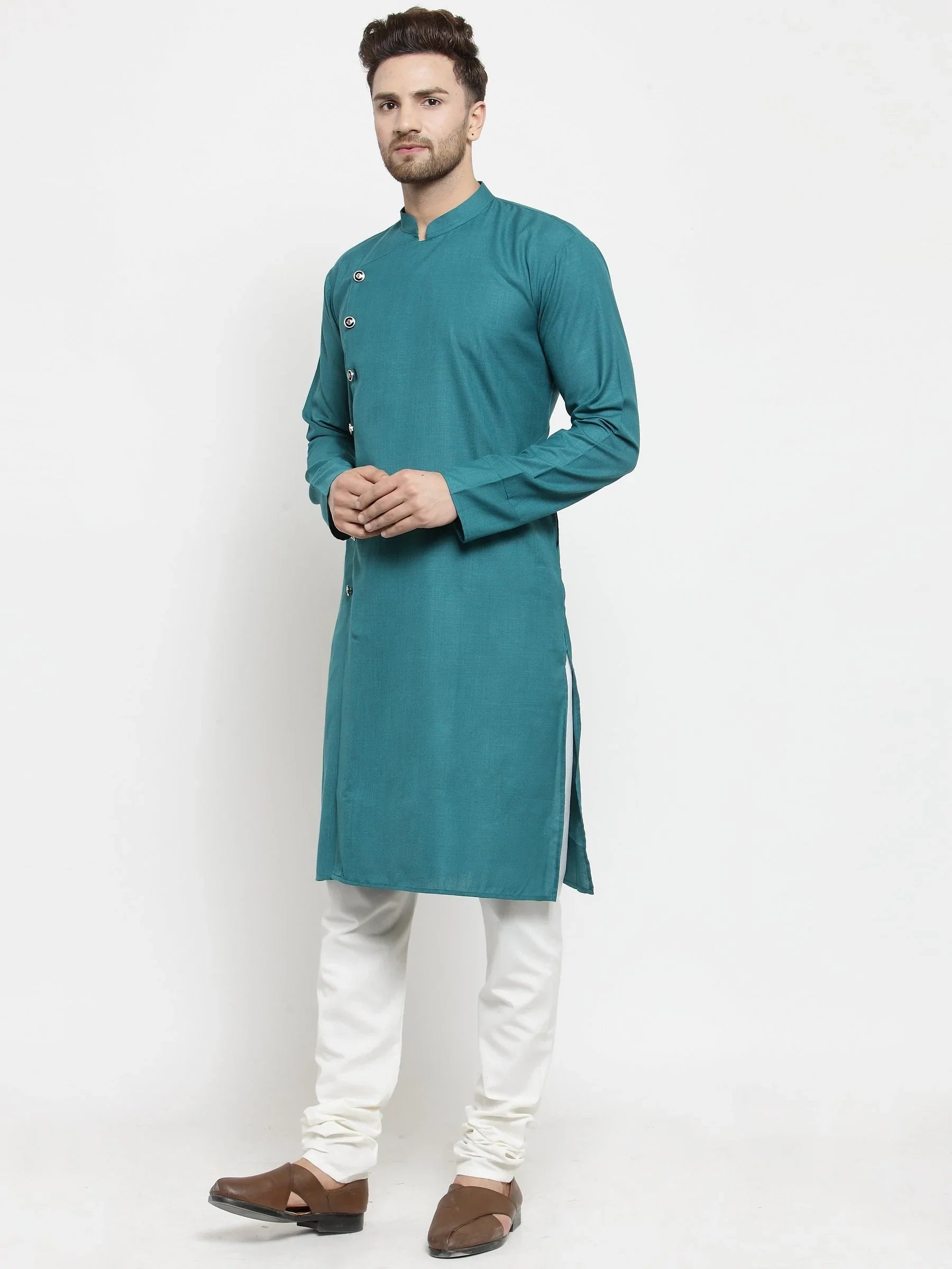 Green Mens Kurta - Stylish Indian Kurta for Men, Solid Cotton