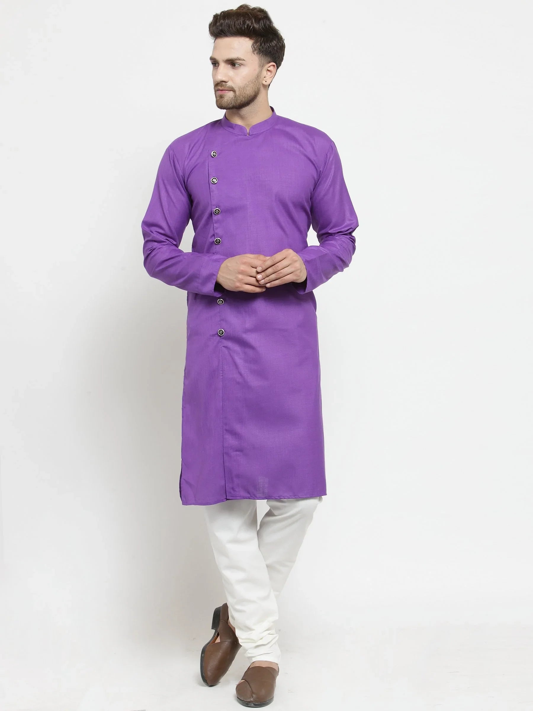 Purple Mens Kurta - Solid Indian Kurta for Men, Cotton Fabric