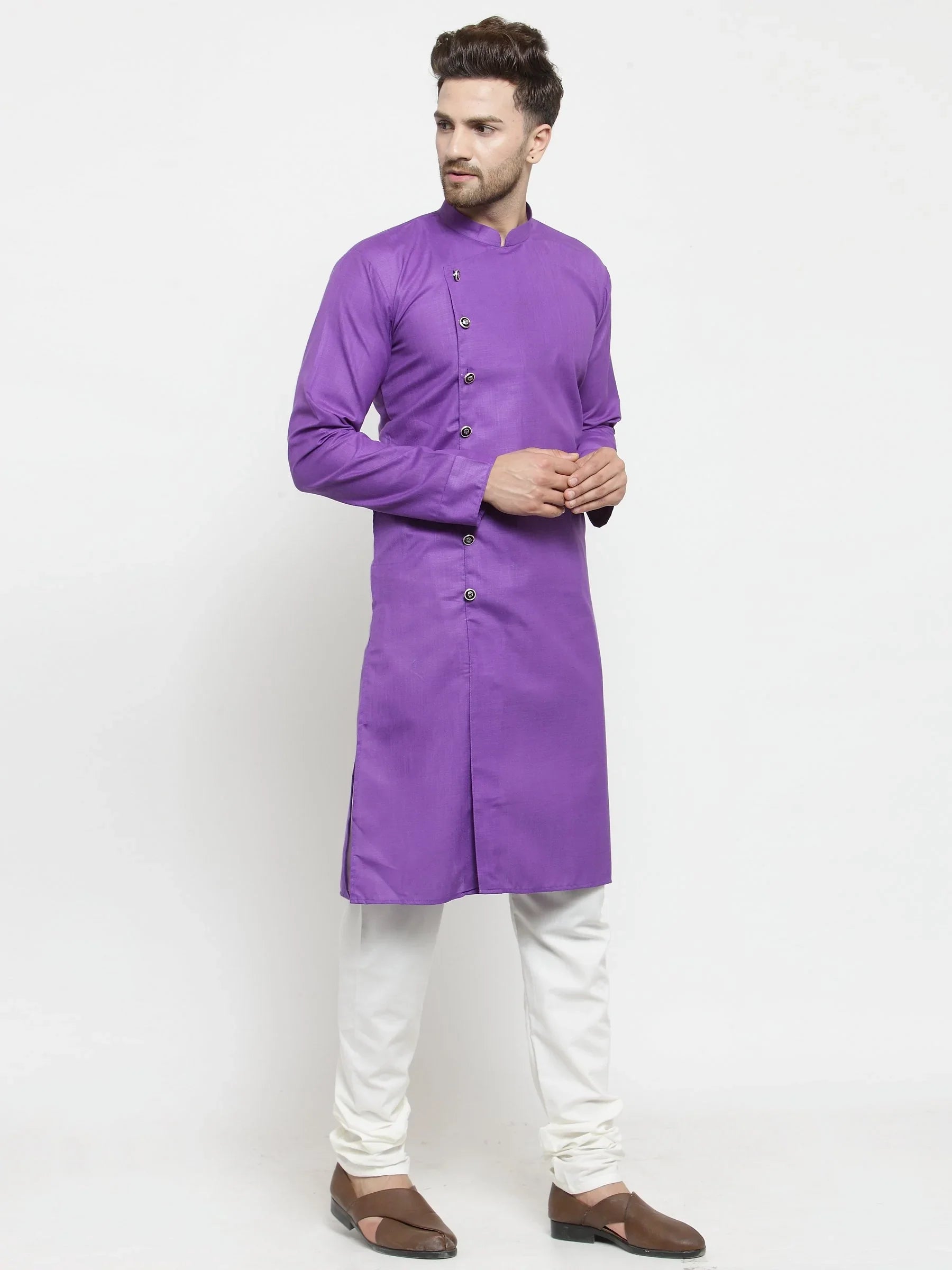 Purple Mens Kurta - Solid Indian Kurta for Men, Cotton Fabric