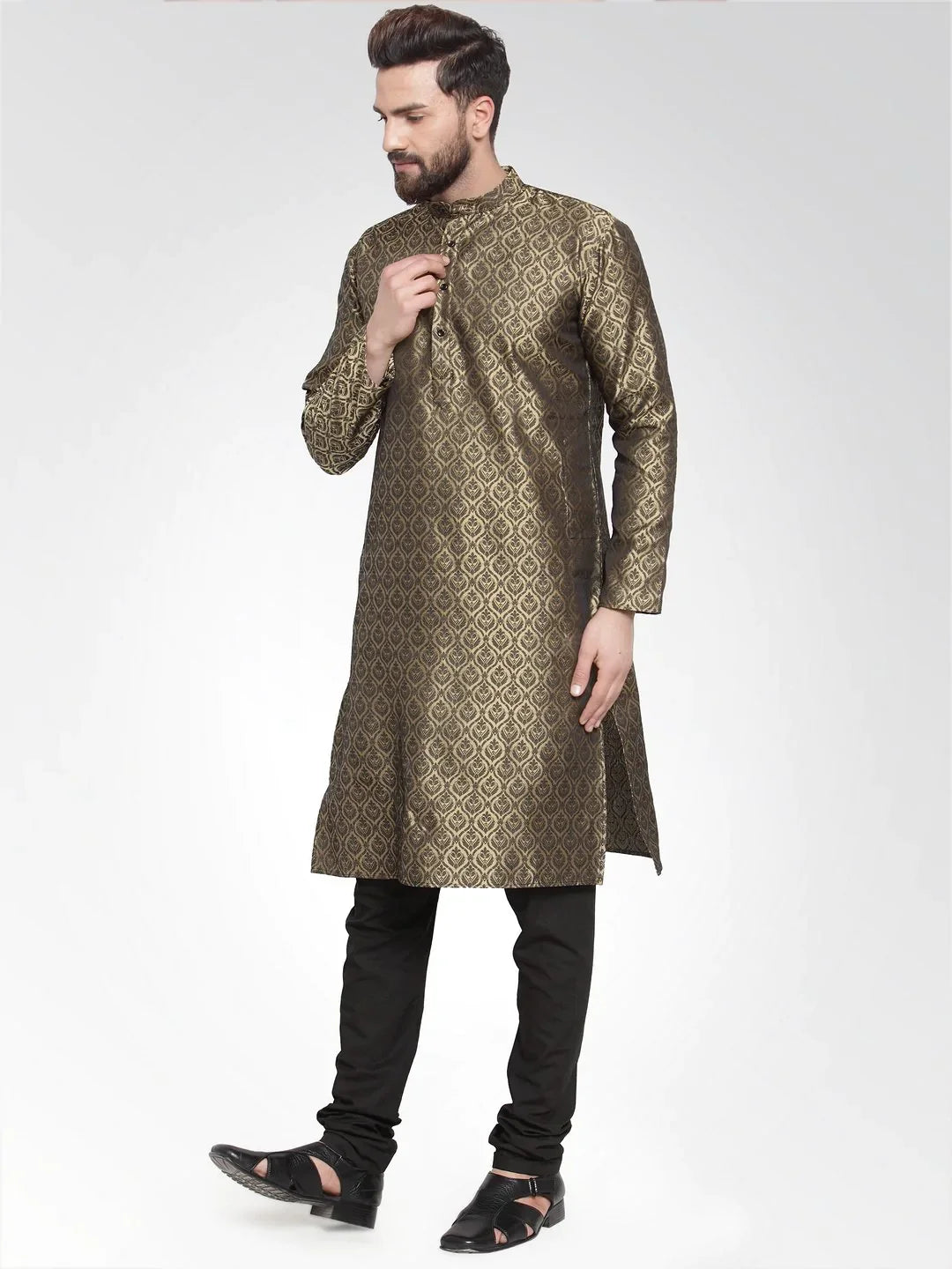 Gold & Black Self Design Mens Kurta | Wedding Kurta for Men
