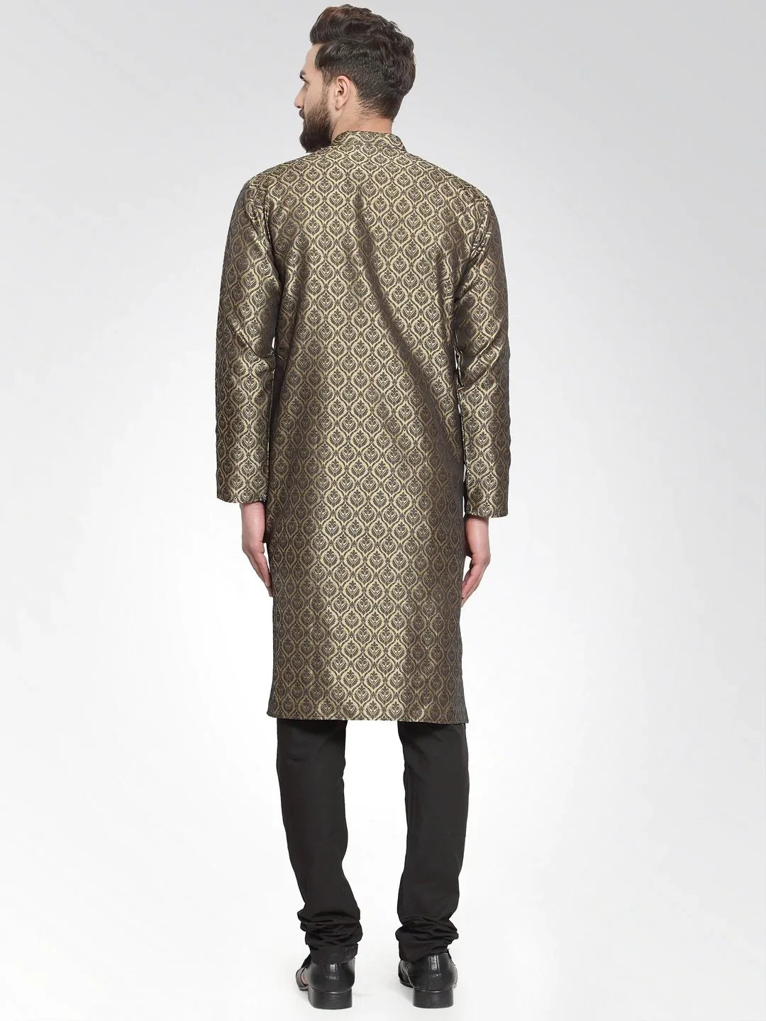 Gold & Black Self Design Mens Kurta Pajama Set | Cotton