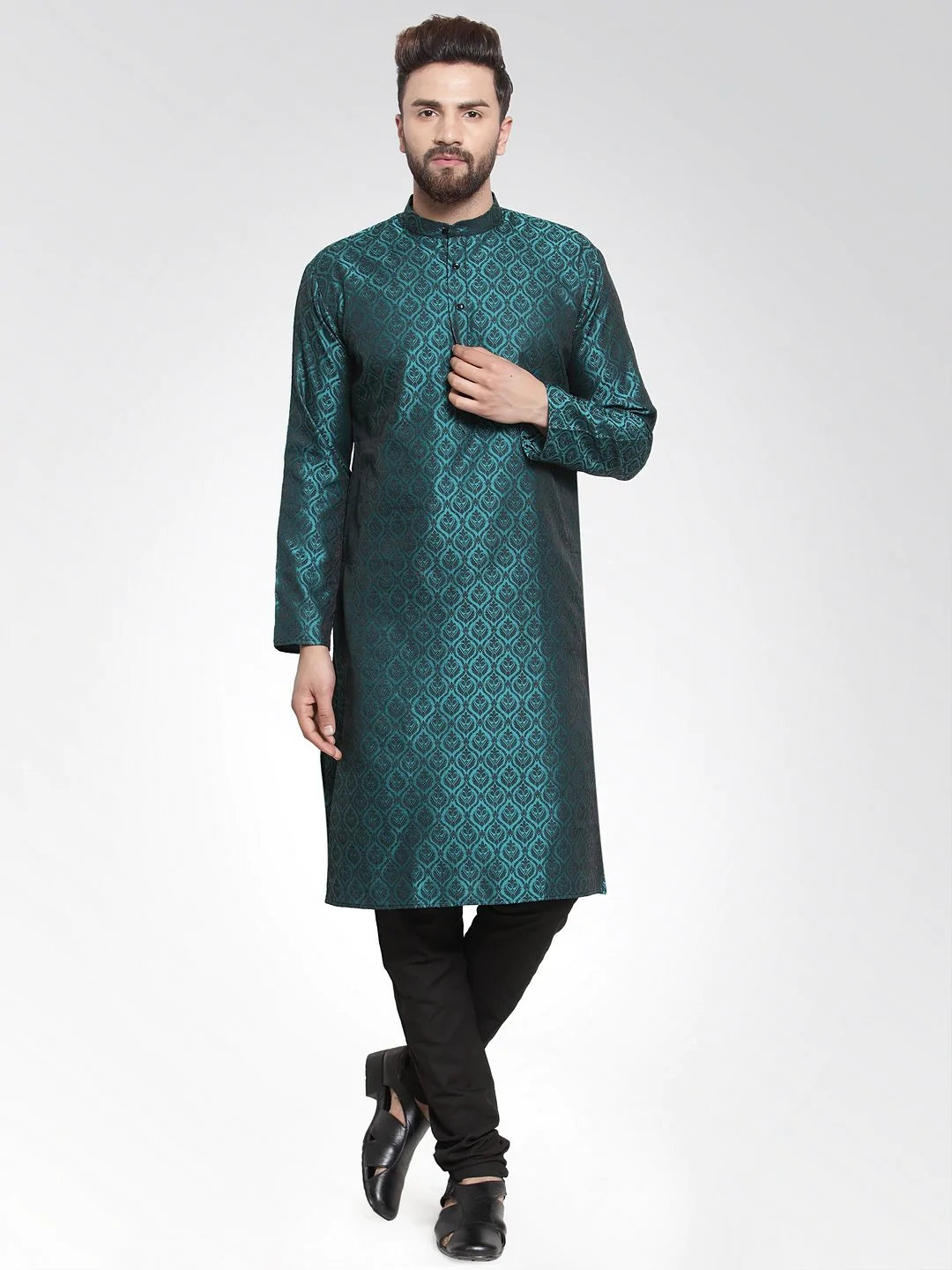 Men Green-Colored & Black Self Design Kurta Only ( KO 584 Green )-KO-584