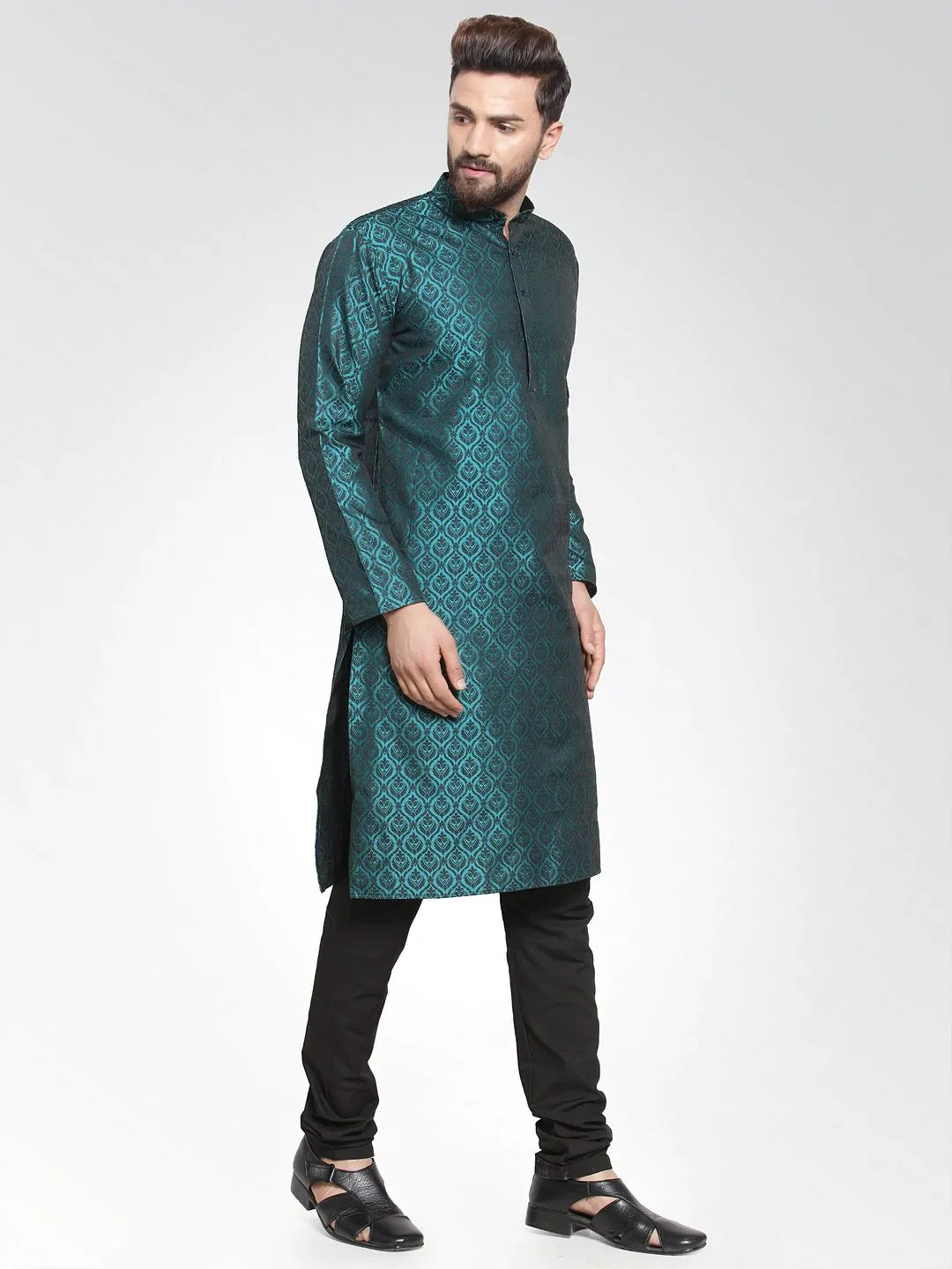 Green & Black Self Design Mens Kurta | Indian Kurta for Men