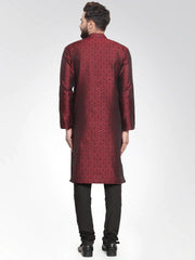 Men Maroon-Colored & Black Self Design Kurta with Churidar ( JOKP 584 Maroon )-JOKP-584