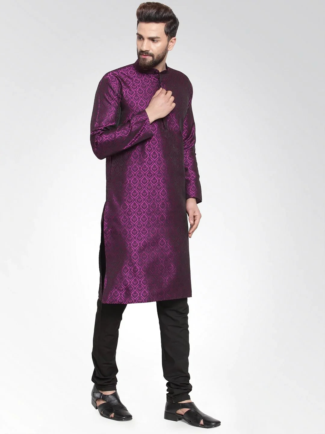 Purple & Black Self Design Mens Kurta Pajama Set | Cotton
