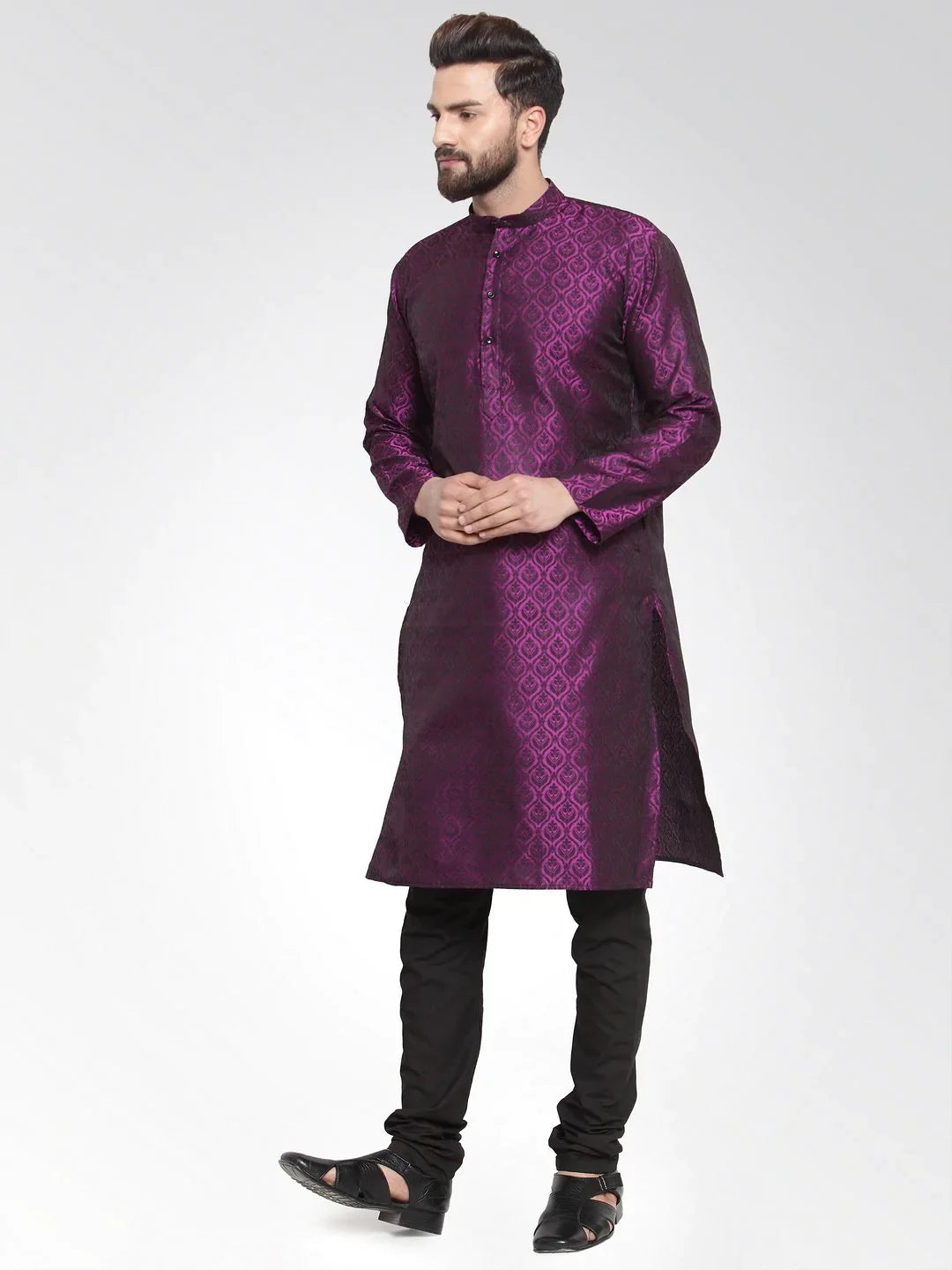 Purple & Black Self Design Mens Kurta Pajama Set | Cotton