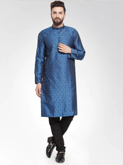 Men Royal-Blue Colored & Black Self Design Kurta with Churidar ( JOKP 584 Royal Blue )-JOKP-584