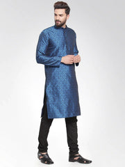 Men Royal-Blue Colored & Black Self Design Kurta with Churidar ( JOKP 584 Royal Blue )-JOKP-584