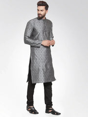Men Silver-Colored & Black Self Design Kurta with Churidar ( JOKP 584 Silver )-JOKP-584