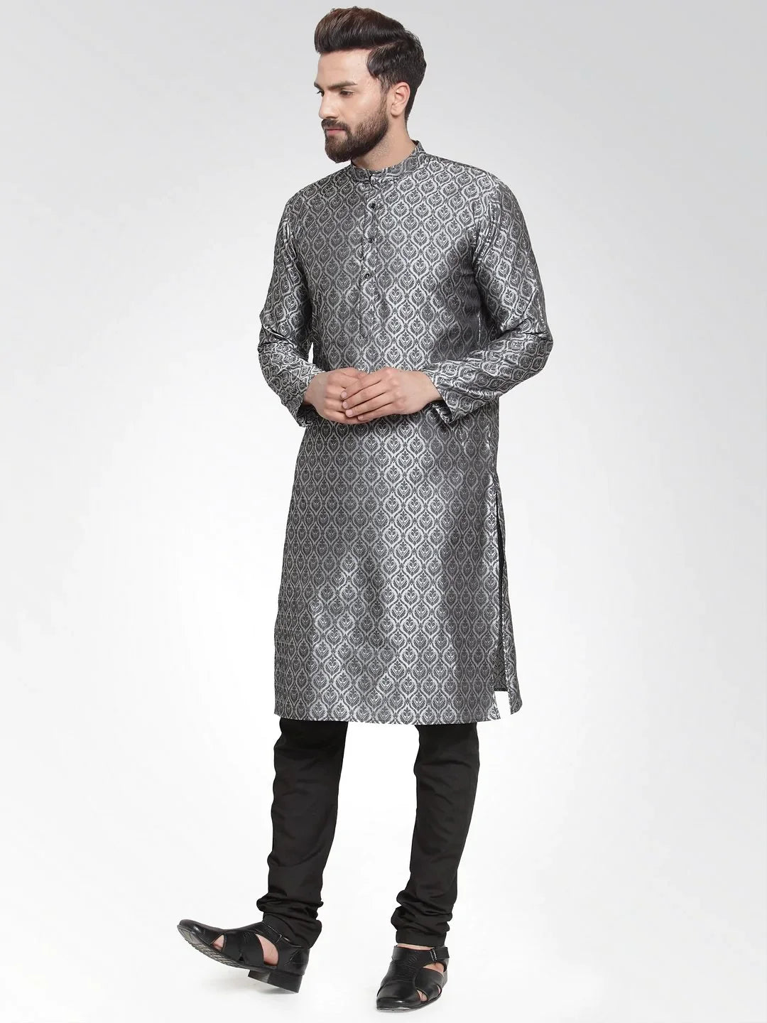 Silver Mens Kurta Pajama Set - Modern Ethnic Wear