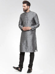 Men Silver-Colored & Black Self Design Kurta with Churidar ( JOKP 584 Silver )-JOKP-584