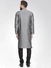 Men Silver-Colored & Black Self Design Kurta with Churidar ( JOKP 584 Silver )-JOKP-584