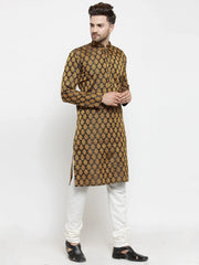 Men Black-Colored & Golden Self Design Kurta with Churidar ( JOKP 586 Black )-JOKP-586