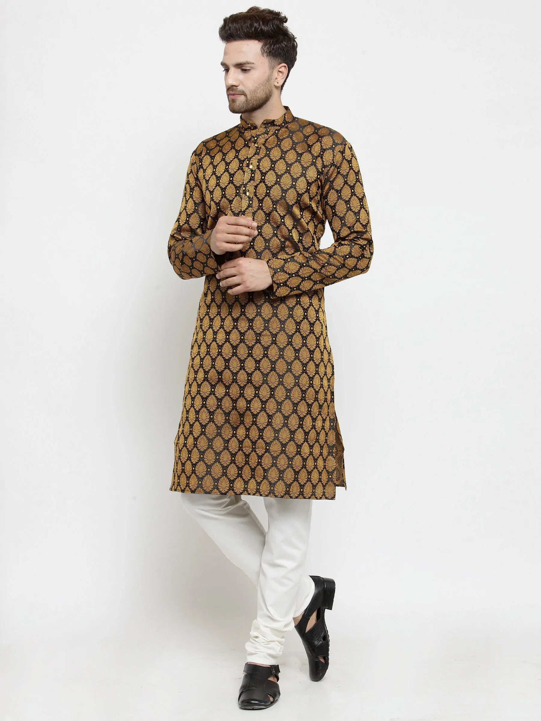 Black & Gold Kurta Pajama Set - Mens Ethnic Wear
