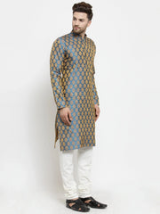 Men Blue-Colored & Golden Self Design Kurta with Churidar ( JOKP 586 Blue )-JOKP-586
