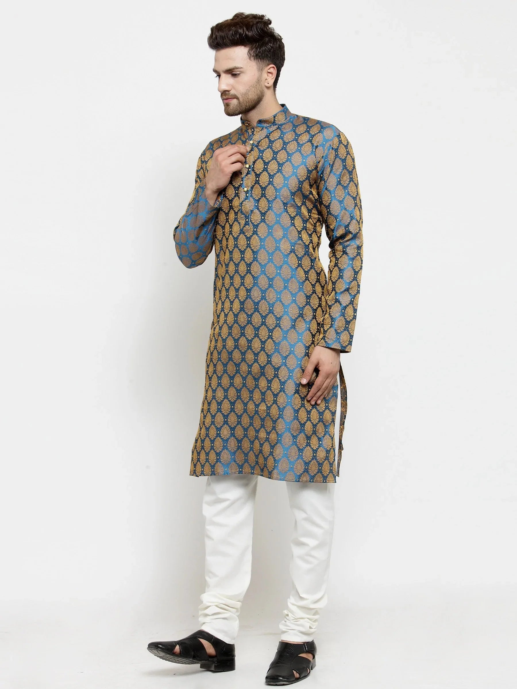 Blue & Gold Mens Kurta Pajama - Cotton Ethnic Style