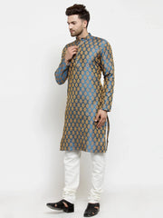 Men Blue-Colored & Golden Self Design Kurta with Churidar ( JOKP 586 Blue )-JOKP-586