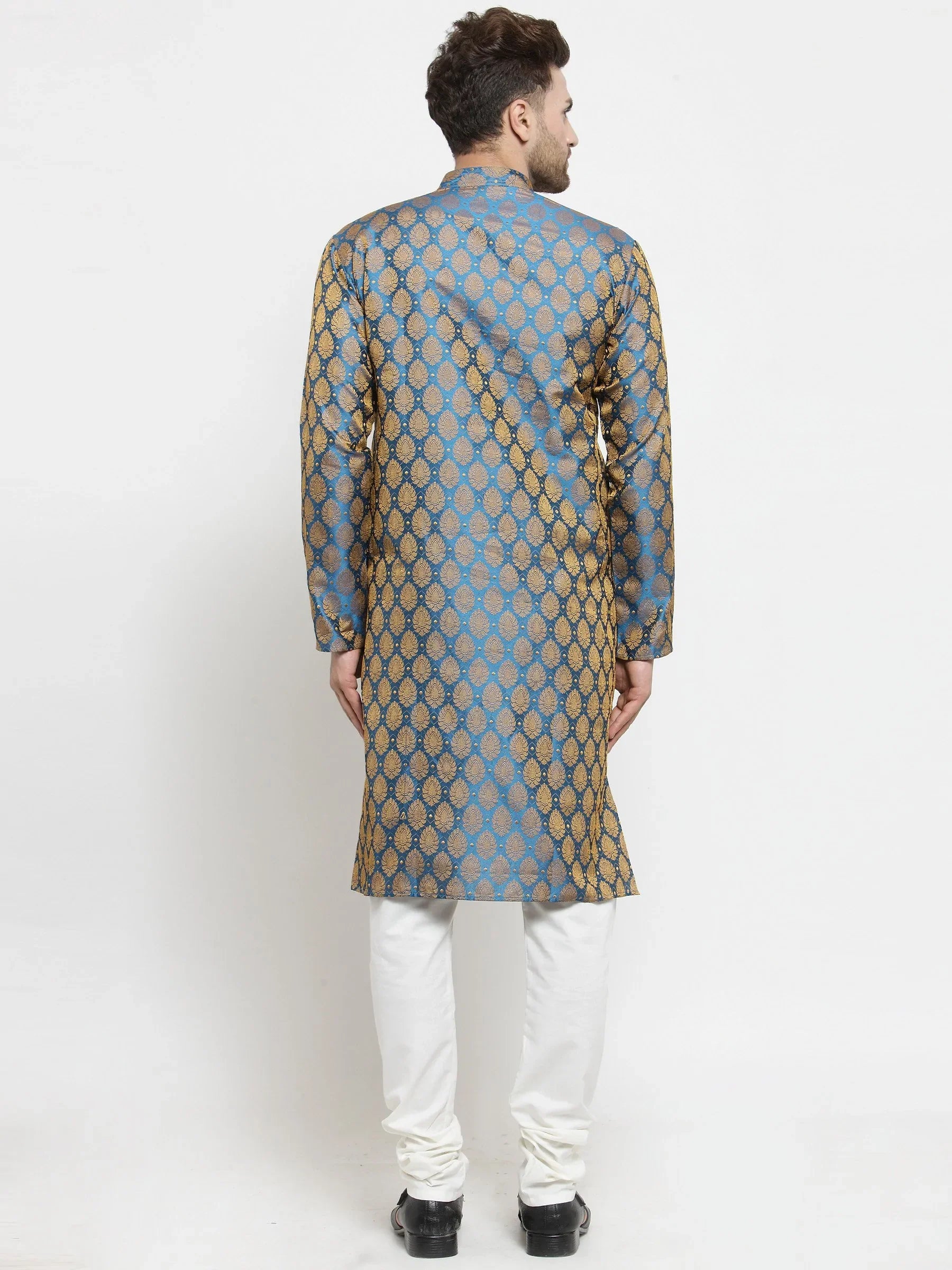Blue & Gold Mens Kurta Pajama - Cotton Ethnic Style
