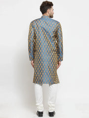 Men Blue-Colored & Golden Self Design Kurta with Churidar ( JOKP 586 Blue )-JOKP-586