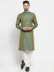 Men Green-Colored & Golden Self Design Kurta with Churidar ( JOKP 586 Green )-JOKP-586