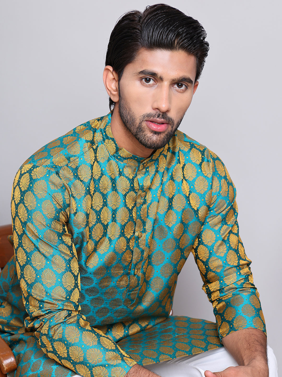 DesiQlo Men Woven Design Kurta Pyjama Set - Green - NJOKP_586Green_S